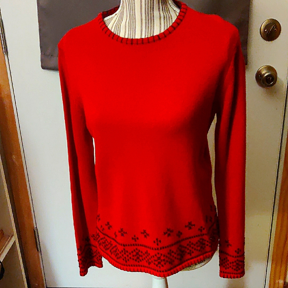 Leslie Fay Medium Red Sweater with Black Pattern